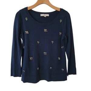 Ann Taylor Loft Sweater Beaded Bejeweled Long Sleeve Wool Blend Size S Navy Blue